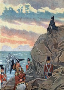 Szene aus der Geschichte Frankreichs mit Spielzeug: Napoleon I. Bonaparte (1769-1821) im Exil auf der Insel St. Helena, dargestellt in einer Haltung der Melancholie und Einsamkeit. In „Joujoux à l
