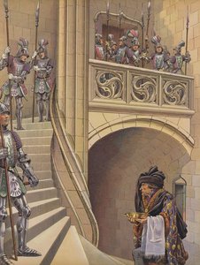 Der Barbier stieg die Treppe zum Gemach des Königs hinauf, vorbei an den zahlreichen bewaffneten Wachen von pseudonym for Onfray de Breville Jacques Job