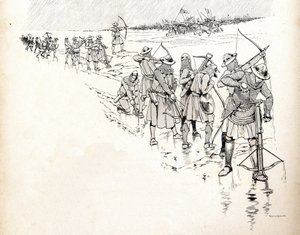 Der Regen setzt die Bogenschützen der Armee des französischen Königs Philipp VI. (1293-1350) außer Gefecht, indem er die Sehnen der Bögen während der Schlacht von Crécy im Jahr 1346 durchnässt. Illustration von Job (Jacques)