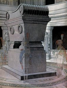 Das Grab von Kaiser Napoleon I. Bonaparte (1769-1821) in den Invaliden mit Geisterwachen. In „Napoleon“ von Georges Montorgueil. Illustration von Jacques Marie Gaston Onfray de Breville, genannt JOB (1858-1931)