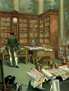 Arbeitszimmer von Napoleon I. Bonaparte im ersten Stock des Palais des Tuilerien, während er Erster Konsul war. Schreibtisch mit Bibliothek und Uhr aus Holz. Illustration von Jacques Marie Gaston Onfray de Breville, genannt JOB von pseudonym for Onfray de Breville Jacques Job