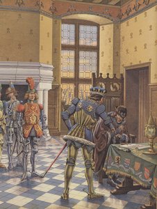 Karl der Kühne, Herzog von Burgund, legt König Ludwig XI. einen Vertrag vor und fordert ihn auf, ihn zu unterzeichnen