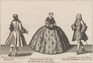 Redingote/Dame im Winterkleid mit Muff/Weste und Besatz aus Goldstoff von published by Jacques Chéreau