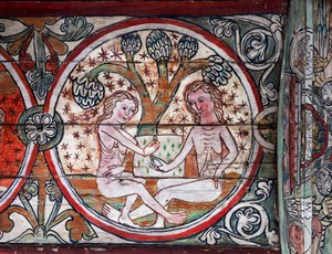 Adam und Eva im Garten Eden, Dekoration aus Al Stavkirke, Norwegen (Fresko)