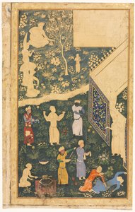 Linke Seite eines doppelseitigen Albumblatts: Vor einem königlichen Lager (recto) von style of Bihzad