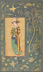 Jüngling mit Granatapfel; Illustration aus einem Einzelblatt-Manuskript von style of Riza yi Abbasi