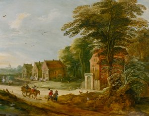 Reisende durch ein Dorf, spätes 16. oder frühes 17. Jahrhundert von the younger Joos de Momper
