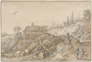 Hügelige Landschaft mit Hütte neben einem Bach von van de Velde Esaias