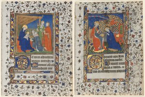Bifolio aus einem Stundenbuch: Anbetung der Könige und Krönung der Jungfrau