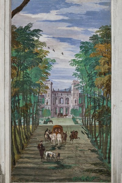 Perspektive mit Landschaftsansicht und Kutschen, Nordwand, Bacchus-Raum von Veronese