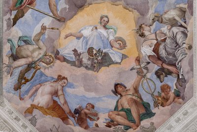 Universelle Harmonie umgeben von Göttern: Zeus mit einem Adler, Mars, Apollo mit der Lyra, Venus, Merkur mit dem Caduceus, Diana mit Hunden und Saturn von Veronese