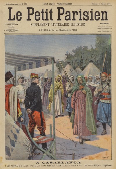 Geiseln aus unterworfenen marokkanischen Stämmen marschieren an General Drude in Casablanca vorbei (Farblithografie) von (after) Carrey