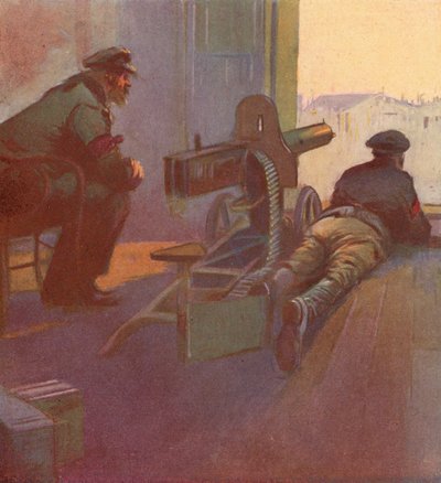 Rote Garden mit einem Maschinengewehr, das aus dem Fenster eines Gebäudes zeigt, Russische Revolution von (after) Carrey