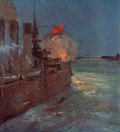 Der russische Kreuzer Aurora feuert den Schuss, der den Sturm auf den Winterpalast in Petrograd signalisiert, Russische Revolution, 25. Oktober 1917 (Farblithographie) von (after) Carrey