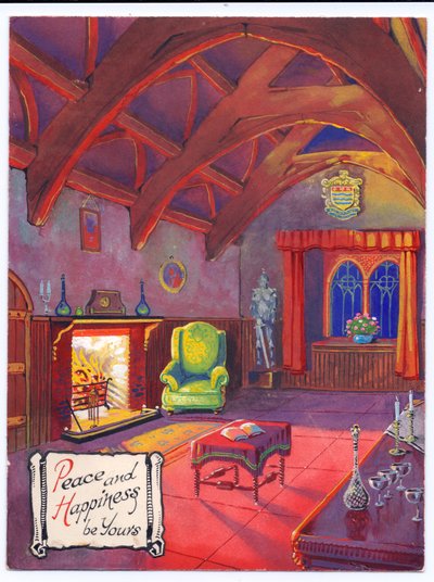 Originalkunstwerk für eine Weihnachtskarte mit einem lodernden Feuer in einer baronialen Halle, um 1953 von (after) English School