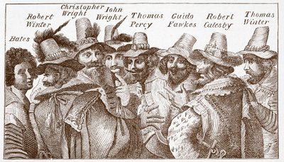 Die Verschwörer des Pulververschwörung, nach einem Stich von 1606 von (after) English School