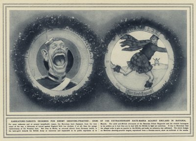 Karikatur-Ziele entworfen für Feind-Schießübungen, Zeichen des außergewöhnlichen Hass-Wahns gegen England in Bayern von (after) English photographer