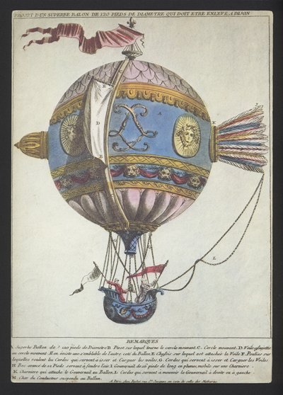 Entwurf für einen Ballon mit einem Durchmesser von 120 Fuß, um einen Aufstieg von Dijon aus zu machen (farbige Gravur) von (after) French School