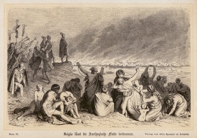 Scipio Africanus verbrennt die karthagische Flotte (Gravur) von (after) German School