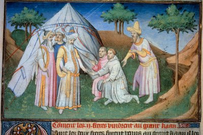 Die Brüder Nicolo und Matteo Polo, Vater und Onkel des jungen Marco Polo (1254-1324), wurden am Hof des Großkhan Qubilai (Kubilai Khan, erster Kaiser der mongolischen Yuan-Dynastie (1215-1294), mongolischer Kaiser im Jahr 1271) empfangen. Miniatur aus „ von (and workshop) Boucicaut Master