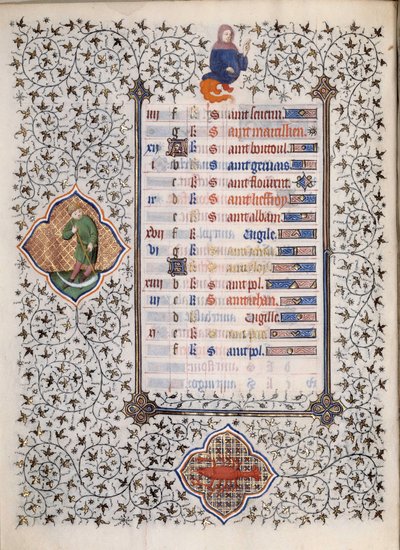 Seite des Manuskripts Les Tres Riches Hours du Duke Francois de Guise, illuminiert vom Meister von Boucicaut: Darstellung der Tierkreiszeichen und Alltagsszenen: Krebs und ein Mann mit einer Sichel. 15. Jahrhundert. Musee Conde, Chantilly von (and workshop) Boucicaut Master
