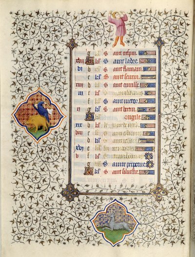 Seite des Manuskripts „Les Très Riches Heures du Duc François de Guise“, illuminiert vom Meister von Boucicaut: Darstellung der Tierkreiszeichen und Alltagsszenen: der Steinbock und die Wildschweinjagd. 15. Jahrhundert. Musée Condé, Chantilly von (and workshop) Boucicaut Master