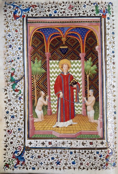 Darstellung des Heiligen Leonhard (6. Jahrhundert), Einsiedler von Limousin, der zwei Gefangene freilässt. Seite des Manuskripts „Les Tres Riches Heures des Herzogs von Guise“ illuminiert vom Meister von Boucicaut. 15. Jahrhundert. Musée Condé, Chantilly von (and workshop) Boucicaut Master