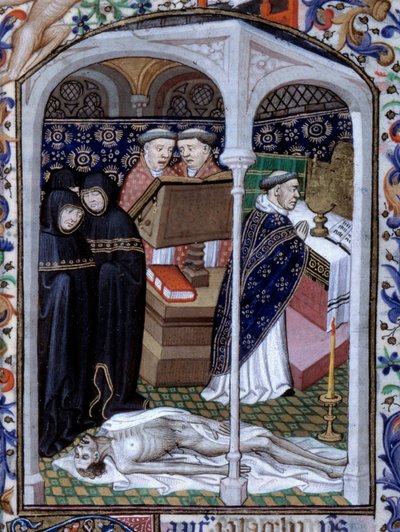 Szene einer Trauerzeremonie und makabren Tanzes. Miniatur aus dem Stundenbuch, verwendet in Paris, illuminiert vom Atelier des Meisters von Boucicaut, ca. 1415. Paris, B.N. von (and workshop) Boucicaut Master