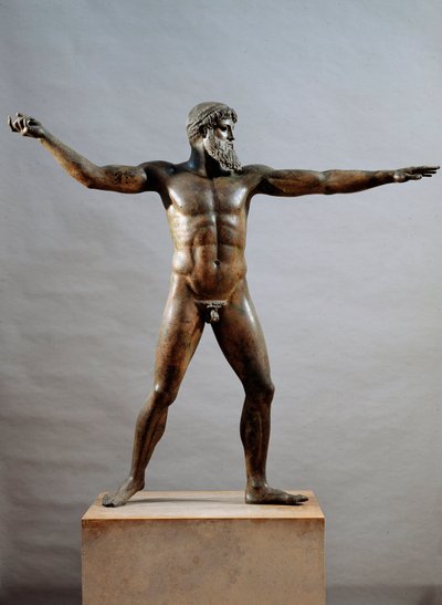 Griechische Kunst: Bronzestatue des Gottes von Kap Artemision von (attr. to) Kalamis