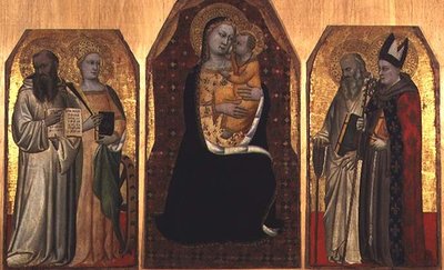 Triptychon: Madonna und Kind flankiert von vier Heiligen von (attr to) Puccio di Simone
