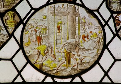 Rundfenster mit dem Bau des Turms von Babel (Buntglas) von (attr.to) Dutch School