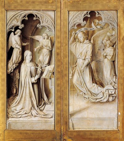 Verkündigung in Grisaille, äußere Flügel des Triptychon-Altars (ca. 1489-1502) von Meister von Moulins, in der Kathedrale Notre-Dame, Moulins, Frankreich von (fl.c.1483 c.1529) Master of Moulins