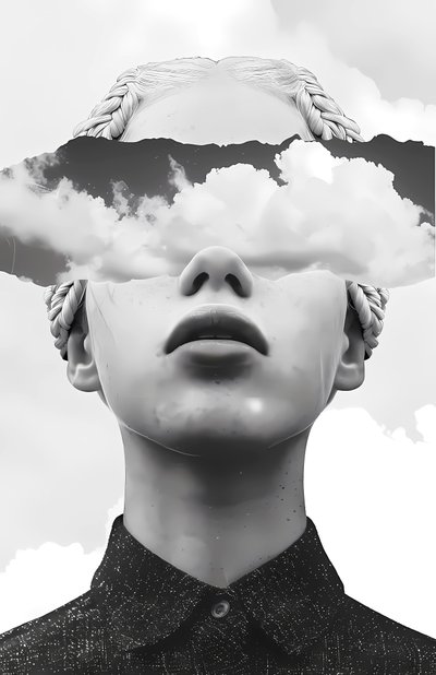 Papiercollage Kunst, Wolke und abstraktes Frauenporträt von F. Abderrahim