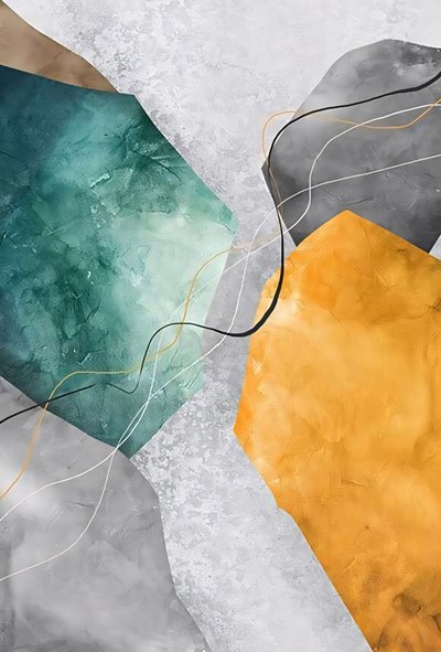 Gemälde in Grauen & Orangen Tönen, Kontrast & Tiefe von F. Abderrahim
