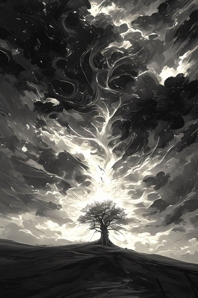 Dunkle Nacht & helles Mondlicht, epische filmische & dramatische Sturmwolken & ein Baum von F. Abderrahim
