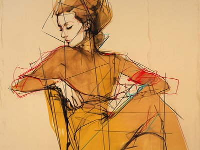 Modeillustration & Zeichnung einer sitzenden Frau, Porträt im eleganten braunen Kleid von F. Abderrahim