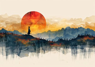 Geisha stehend, minimalistisches Landschaft & Sonnenuntergang von F. Abderrahim