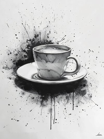 Minimalistische Einlinienszene mit Kaffeeflecken von F. Abderrahim