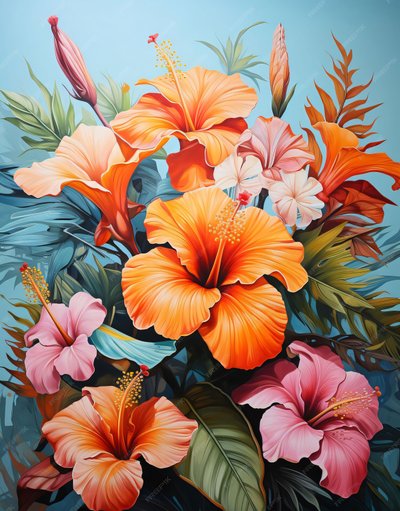Gemälde eines Blumenstraußes in Orange und Pink von F. Abderrahim