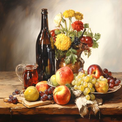 Stilllebenmalerei, Blumen, Früchte & Wein von F. Abderrahim