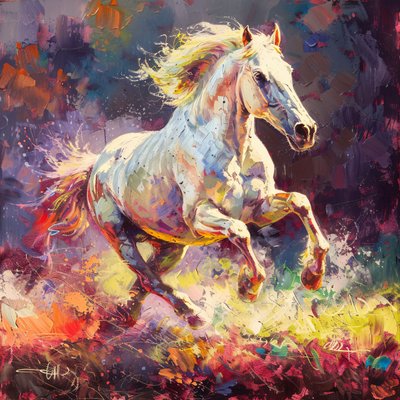 Lebendige Darstellung eines weißen Hengstes im Galopp von F. Abderrahim