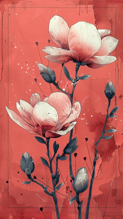 Weiße Rosen mit rotem Hintergrund in einfacher Malerei von F. Abderrahim