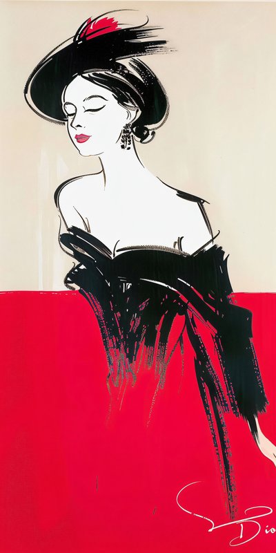 Frau posiert mit Make-up, rotes & schwarzes Kleid, René Gruau Inspiration, 60er Jahre Mode von F. Abderrahim