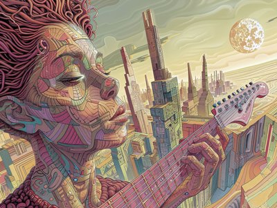 Junger Mann spielt Musik in einer surrealen futuristischen Szene von F. Abderrahim