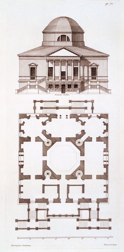 Plan und Aufriss von Chiswick House, Druck von Herisset, ca. 1720er von 3rd Earl of Burlington