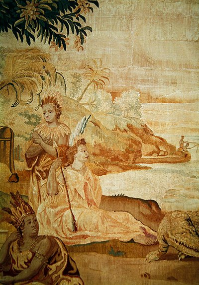 Amerika, aus einem Wandteppich der vier Ecken der Welt, Detail von zwei Figuren im Hintergrund (Detail) von A. Baertams