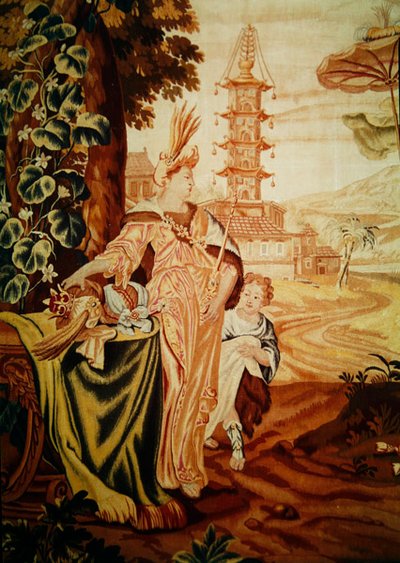 Asien, aus einem Wandteppich der vier Ecken der Welt, Detail der Figuren links, vor der Pagode (Detail) von A. Baertams