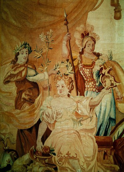 Europa, aus einem Wandteppich der vier Ecken der Welt, Detail der Figuren auf dem Podium links, erste Hälfte des 18. Jahrhunderts von A. Baertams