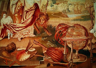Europa, aus einem Wandteppich der vier Ecken der Welt, Detail der Musikinstrumente unten rechts, Anfang des 18. Jahrhunderts von A. Baertams