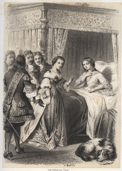 Madame Deshoulieres, Antoinette Ligier de La Garde (1637-1694), überwältigt von Fragen ihres Umfelds nach einer Nacht in Angst vor dem Geist. Gravur von A. Duruy in „Illustrations litteraires de la France; or, Galerie anecdotique de nos pr... von A. Duruy